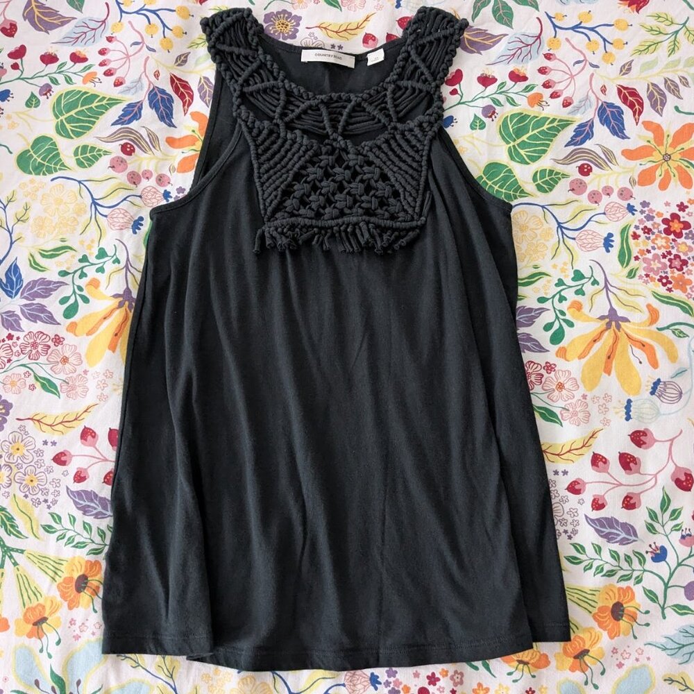 COUNTRY ROAD Black Macrame Detail Tank XS
